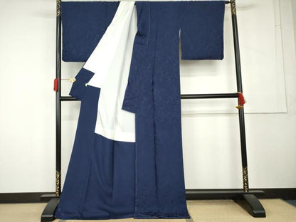 平和屋着物●上質な色無地　乱菊地紋　紺色　ロング丈　正絹　逸品　未使用　AABL1111cs