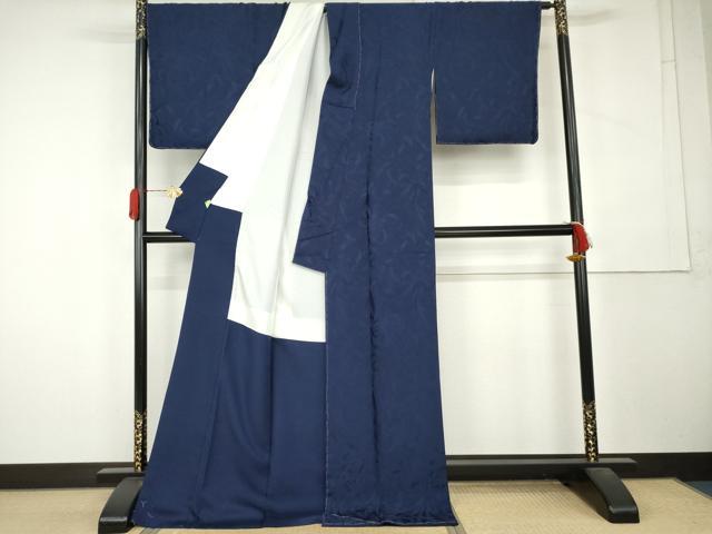 平和屋着物●上質な色無地　乱菊地紋　紺色　ロング丈　正絹　逸品　未使用　AABL1111cs