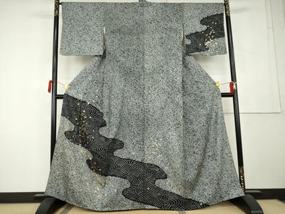 平和屋着物●訪問着　総絞り　刺繍　流水舞葉文　黒地　金糸　金彩　正絹　逸品　AABL1112cs