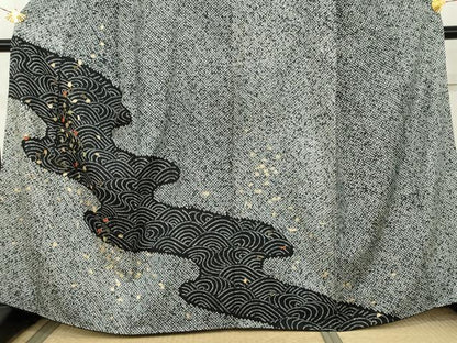平和屋着物●訪問着　総絞り　刺繍　流水舞葉文　黒地　金糸　金彩　正絹　逸品　AABL1112cs