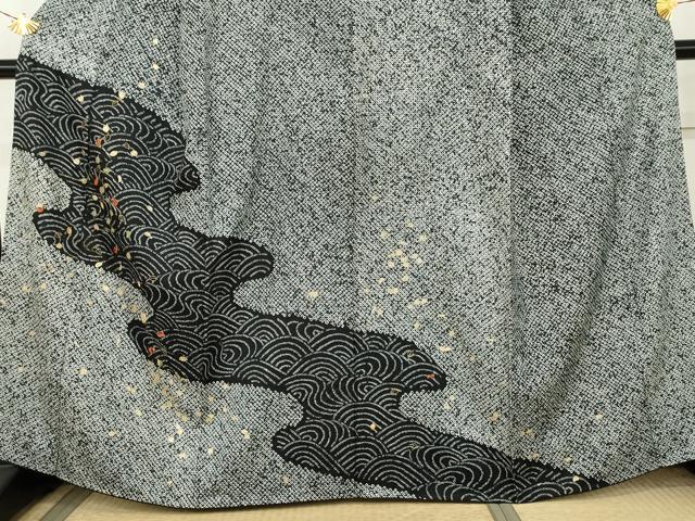 平和屋着物●訪問着　総絞り　刺繍　流水舞葉文　黒地　金糸　金彩　正絹　逸品　AABL1112cs