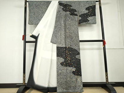 平和屋着物●訪問着　総絞り　刺繍　流水舞葉文　黒地　金糸　金彩　正絹　逸品　AABL1112cs