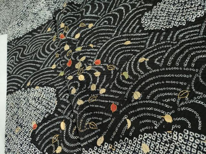平和屋着物●訪問着　総絞り　刺繍　流水舞葉文　黒地　金糸　金彩　正絹　逸品　AABL1112cs