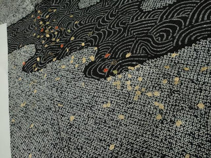 平和屋着物●訪問着　総絞り　刺繍　流水舞葉文　黒地　金糸　金彩　正絹　逸品　AABL1112cs