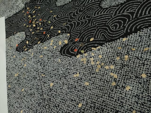平和屋着物●訪問着　総絞り　刺繍　流水舞葉文　黒地　金糸　金彩　正絹　逸品　AABL1112cs
