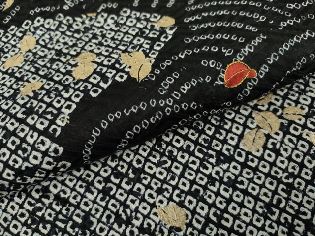 平和屋着物●訪問着　総絞り　刺繍　流水舞葉文　黒地　金糸　金彩　正絹　逸品　AABL1112cs