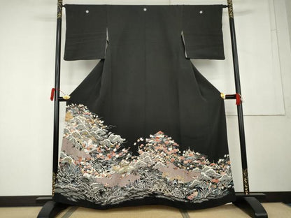 平和屋着物●豪華黒留袖　友禅　刺繍　立波風景文　金糸　正絹　逸品　AABL1114cs