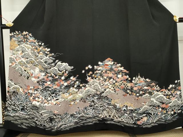 平和屋着物●豪華黒留袖　友禅　刺繍　立波風景文　金糸　正絹　逸品　AABL1114cs