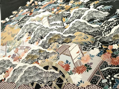 平和屋着物●豪華黒留袖　友禅　刺繍　立波風景文　金糸　正絹　逸品　AABL1114cs
