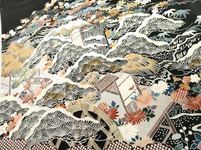 平和屋着物●豪華黒留袖　友禅　刺繍　立波風景文　金糸　正絹　逸品　AABL1114cs