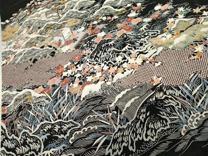 平和屋着物●豪華黒留袖　友禅　刺繍　立波風景文　金糸　正絹　逸品　AABL1114cs