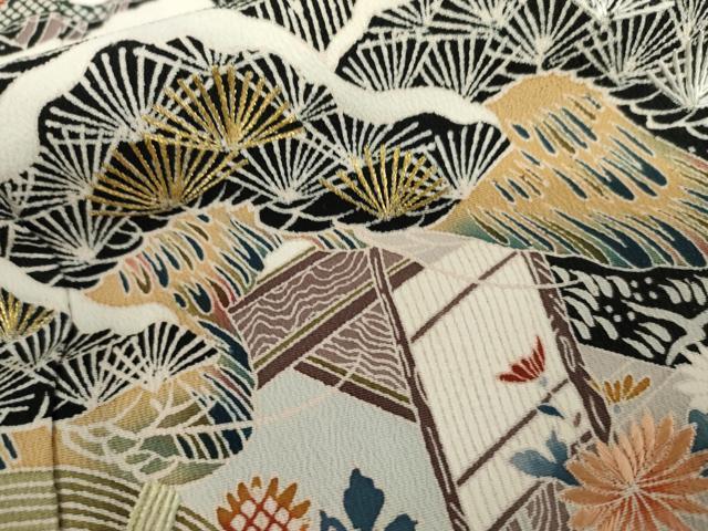 平和屋着物●豪華黒留袖　友禅　刺繍　立波風景文　金糸　正絹　逸品　AABL1114cs