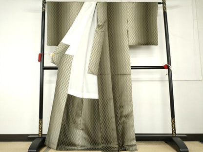 平和屋着物●お召　市松文　正絹　逸品　AABL1120cs