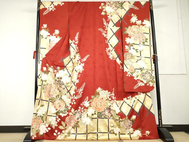 平和屋着物●豪華振袖　駒刺繍　枝花文　金彩　ロング丈　正絹　逸品　AABL1127cs