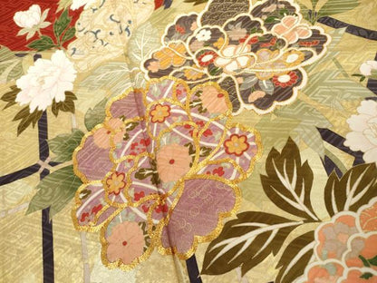 平和屋着物●豪華振袖　駒刺繍　枝花文　金彩　ロング丈　正絹　逸品　AABL1127cs