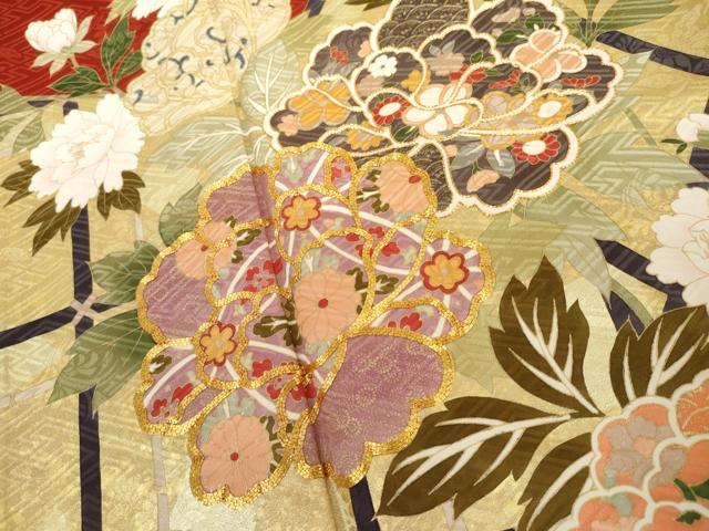 平和屋着物●豪華振袖　駒刺繍　枝花文　金彩　ロング丈　正絹　逸品　AABL1127cs
