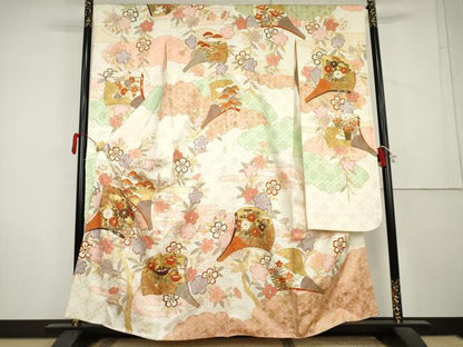 平和屋着物●豪華振袖　駒刺繍　扇面花文　金彩　正絹　逸品　AABL1128cs
