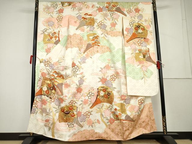 平和屋着物●豪華振袖　駒刺繍　扇面花文　金彩　正絹　逸品　AABL1128cs