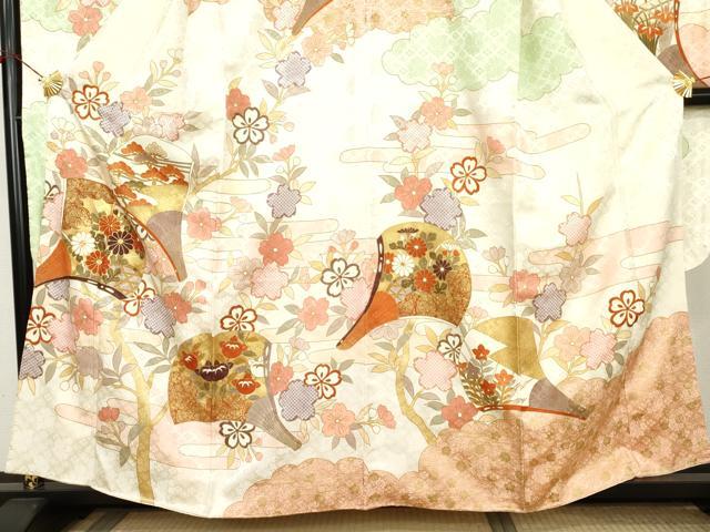 平和屋着物●豪華振袖　駒刺繍　扇面花文　金彩　正絹　逸品　AABL1128cs