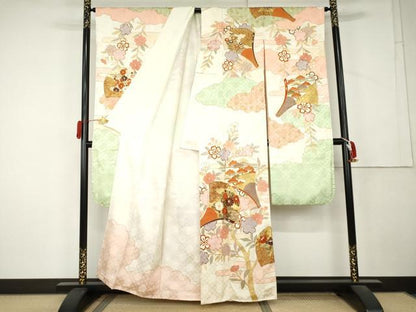 平和屋着物●豪華振袖　駒刺繍　扇面花文　金彩　正絹　逸品　AABL1128cs