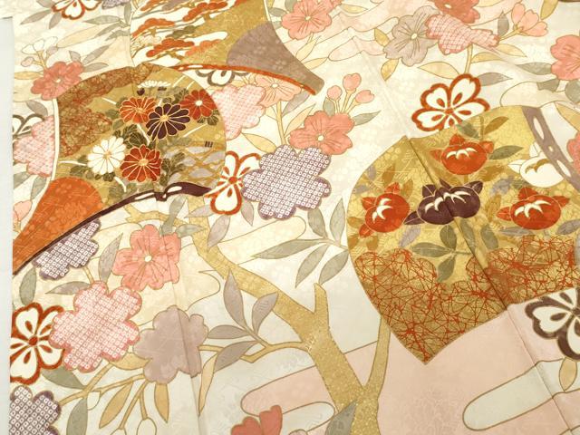 平和屋着物●豪華振袖　駒刺繍　扇面花文　金彩　正絹　逸品　AABL1128cs
