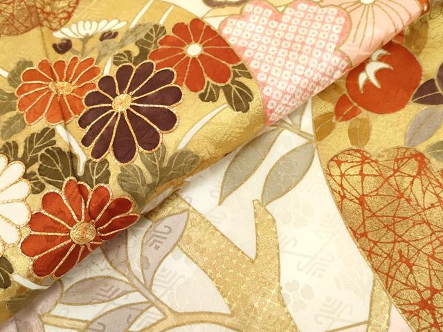 平和屋着物●豪華振袖　駒刺繍　扇面花文　金彩　正絹　逸品　AABL1128cs