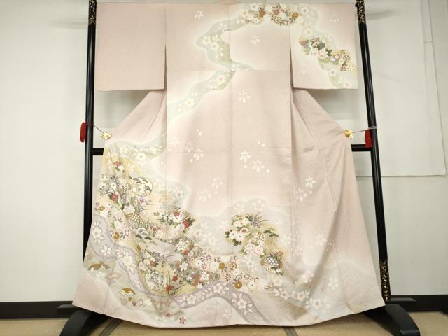 平和屋着物●訪問着　御所車雪輪飛鶴花文　暈し染め　金彩　正絹　逸品　AABL1129cs