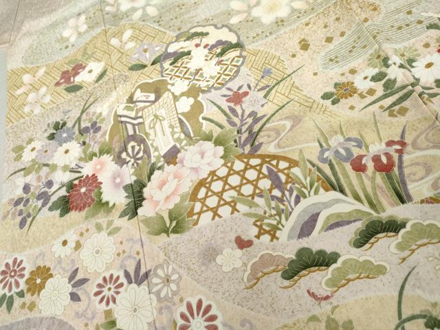 平和屋着物●訪問着　御所車雪輪飛鶴花文　暈し染め　金彩　正絹　逸品　AABL1129cs
