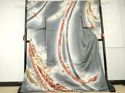 平和屋着物●訪問着　駒刺繍　蔓帯雪輪飛鶴花文　暈し染め　金彩　ロング丈　正絹　逸品　AABL1144cs