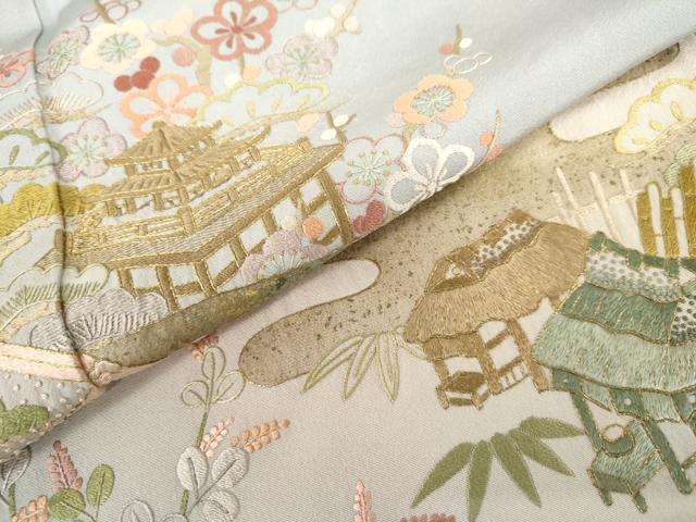 平和屋着物●中国三大刺繍　相良刺繍　蘇州刺繍　総刺繍　訪問着　エ霞風景松竹梅文　暈し染め　金糸　金彩　正絹　逸品　AABL1149cs