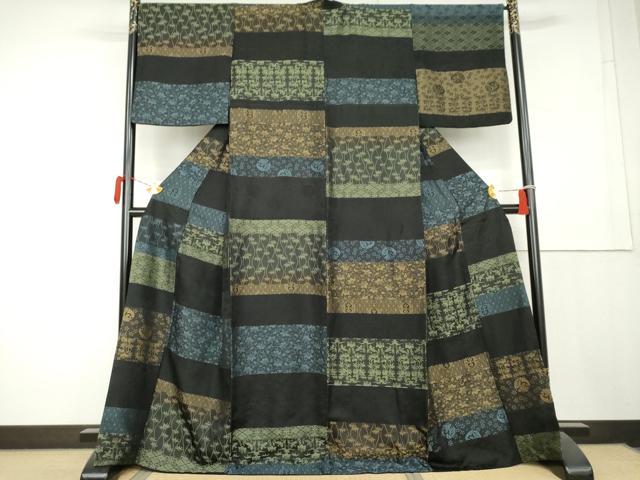 平和屋着物●上質な紬　吉祥横段文　黒地　正絹　逸品　AABL1152cs