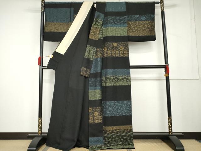 平和屋着物●上質な紬　吉祥横段文　黒地　正絹　逸品　AABL1152cs