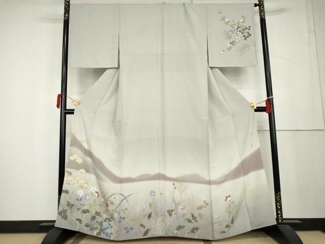 平和屋着物●二代目清次郎　手描き　訪問着　遠山風景枝花文　暈し染め　金彩　京都きもの友禅扱い　正絹　逸品　AABL1154cs