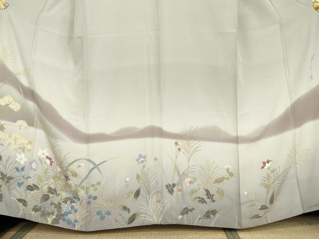 平和屋着物●二代目清次郎　手描き　訪問着　遠山風景枝花文　暈し染め　金彩　京都きもの友禅扱い　正絹　逸品　AABL1154cs