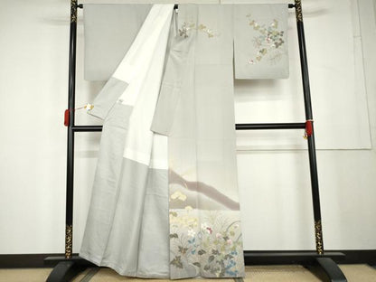 平和屋着物●二代目清次郎　手描き　訪問着　遠山風景枝花文　暈し染め　金彩　京都きもの友禅扱い　正絹　逸品　AABL1154cs