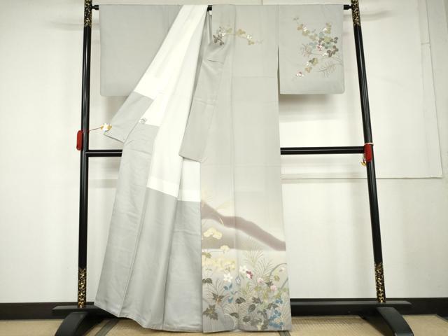 平和屋着物●二代目清次郎　手描き　訪問着　遠山風景枝花文　暈し染め　金彩　京都きもの友禅扱い　正絹　逸品　AABL1154cs