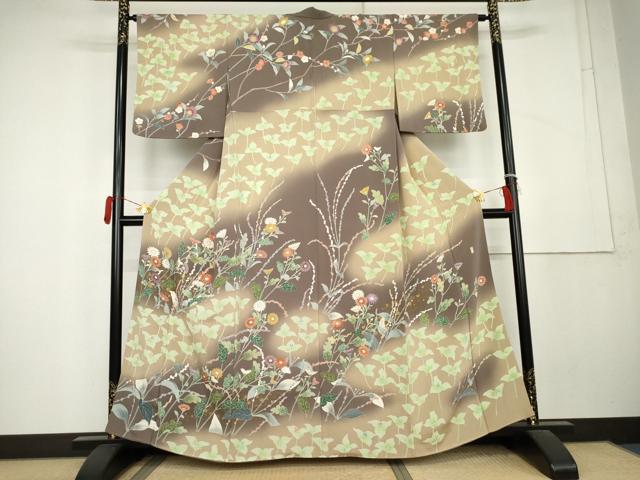 平和屋着物●訪問着　作家物　枝花文　暈し染め　金彩　鬼しぼ縮緬　正絹　逸品　AABL1159cs