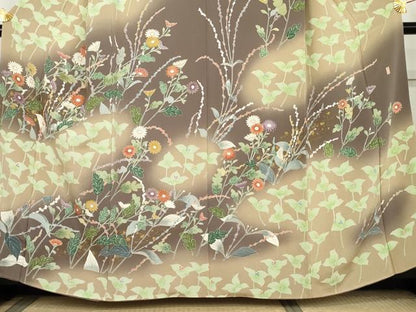 平和屋着物●訪問着　作家物　枝花文　暈し染め　金彩　鬼しぼ縮緬　正絹　逸品　AABL1159cs
