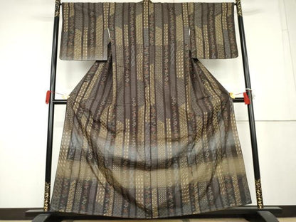 平和屋着物●本場縞大島紬　訪問着　総刺繍　刺し子　更紗花間道　正絹　逸品　未使用　AABL1162cs