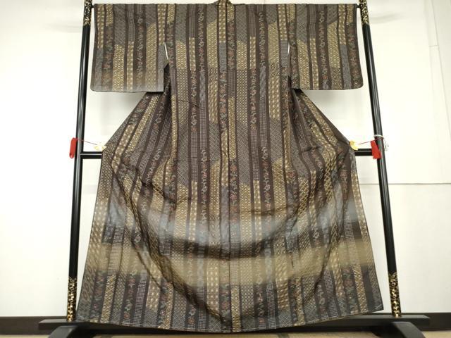 平和屋着物●本場縞大島紬　訪問着　総刺繍　刺し子　更紗花間道　正絹　逸品　未使用　AABL1162cs