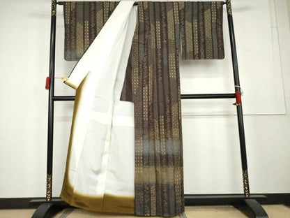 平和屋着物●本場縞大島紬　訪問着　総刺繍　刺し子　更紗花間道　正絹　逸品　未使用　AABL1162cs