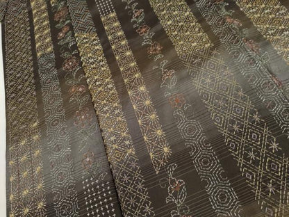 平和屋着物●本場縞大島紬　訪問着　総刺繍　刺し子　更紗花間道　正絹　逸品　未使用　AABL1162cs