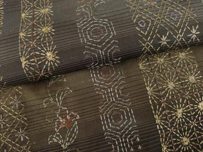 平和屋着物●本場縞大島紬　訪問着　総刺繍　刺し子　更紗花間道　正絹　逸品　未使用　AABL1162cs
