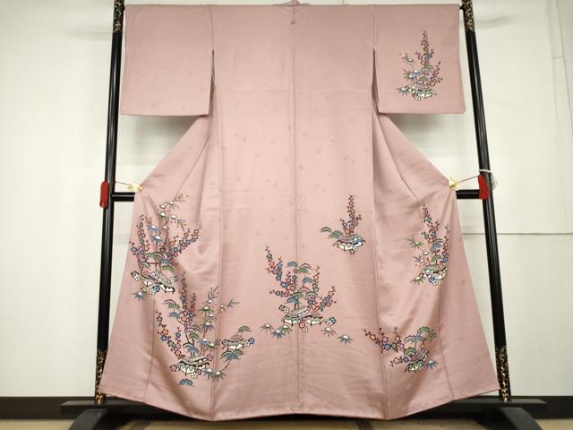 平和屋着物●本場琉球紅型　訪問着　松竹梅風景文　正絹　逸品　AABL1164cs