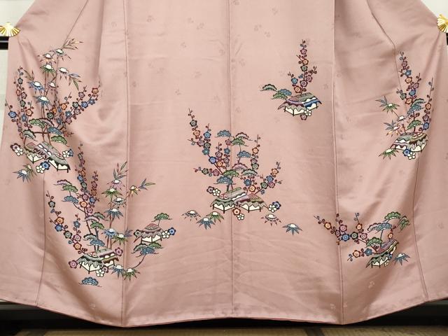 平和屋着物●本場琉球紅型　訪問着　松竹梅風景文　正絹　逸品　AABL1164cs