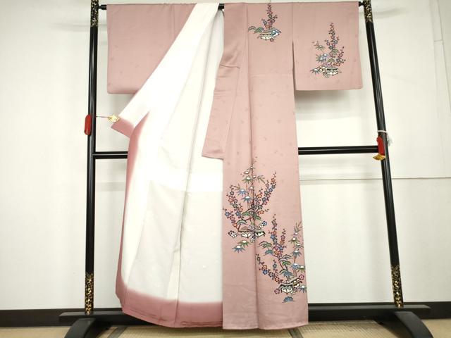 平和屋着物●本場琉球紅型　訪問着　松竹梅風景文　正絹　逸品　AABL1164cs