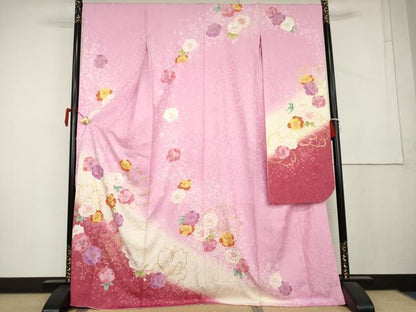 平和屋着物●豪華振袖　草花文　暈し染め　金彩　正絹　逸品　AABL1165cs