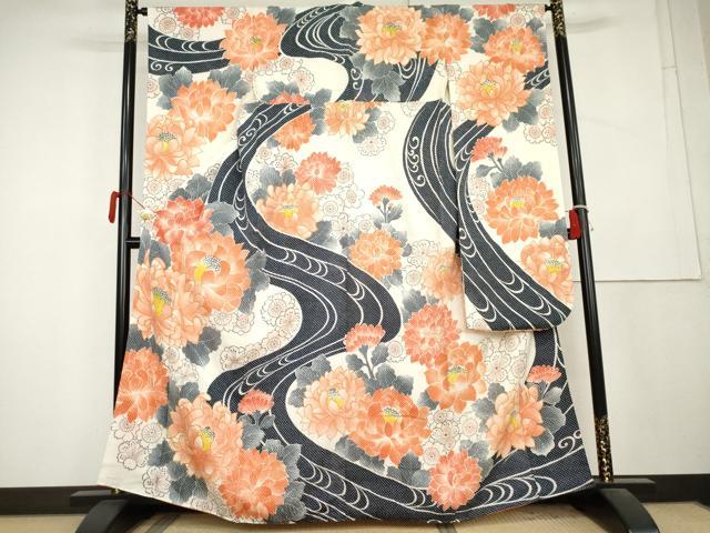 平和屋着物●名門　藤娘きぬたや・総絞り　振袖　流水草花文　正絹　逸品　AABL1166cs
