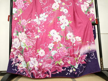 平和屋着物●豪華振袖　刺繍　孔雀羽草花文　暈し染め　金糸　銀通し地　正絹　逸品　AABL1167cs