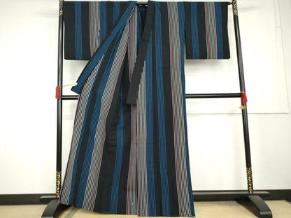 平和屋着物●伊勢木綿　小紋　単衣　堅牢染　間道　黒地　綿　逸品　AABL1170cs